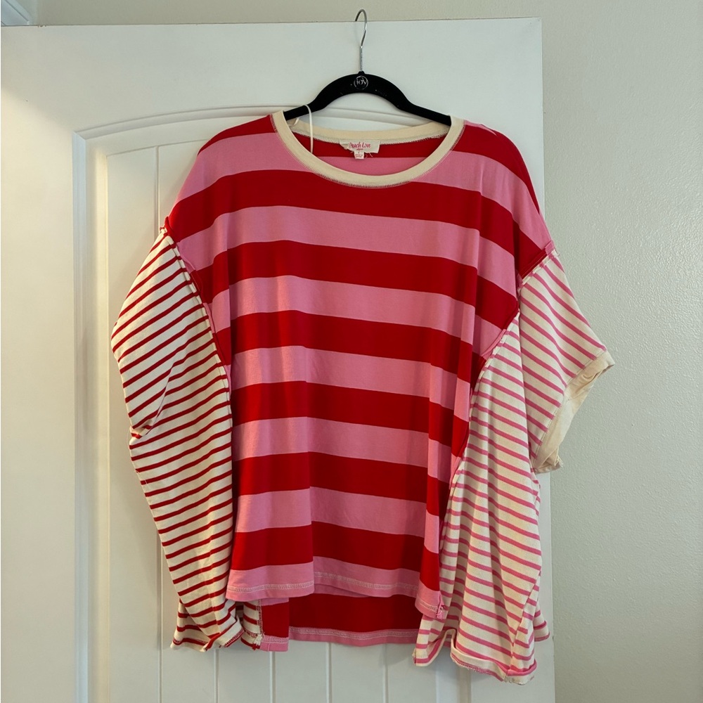 Peach Love California Red and Pink Striped Long Sleeve Top